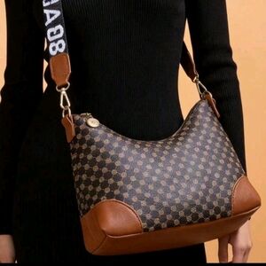 Brown Patterned Shoulder Bag with Adjustable Strap